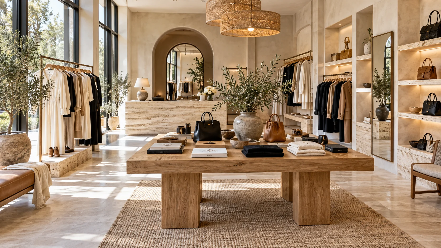 A sunlit atelier with carefully curated clothing and accessories