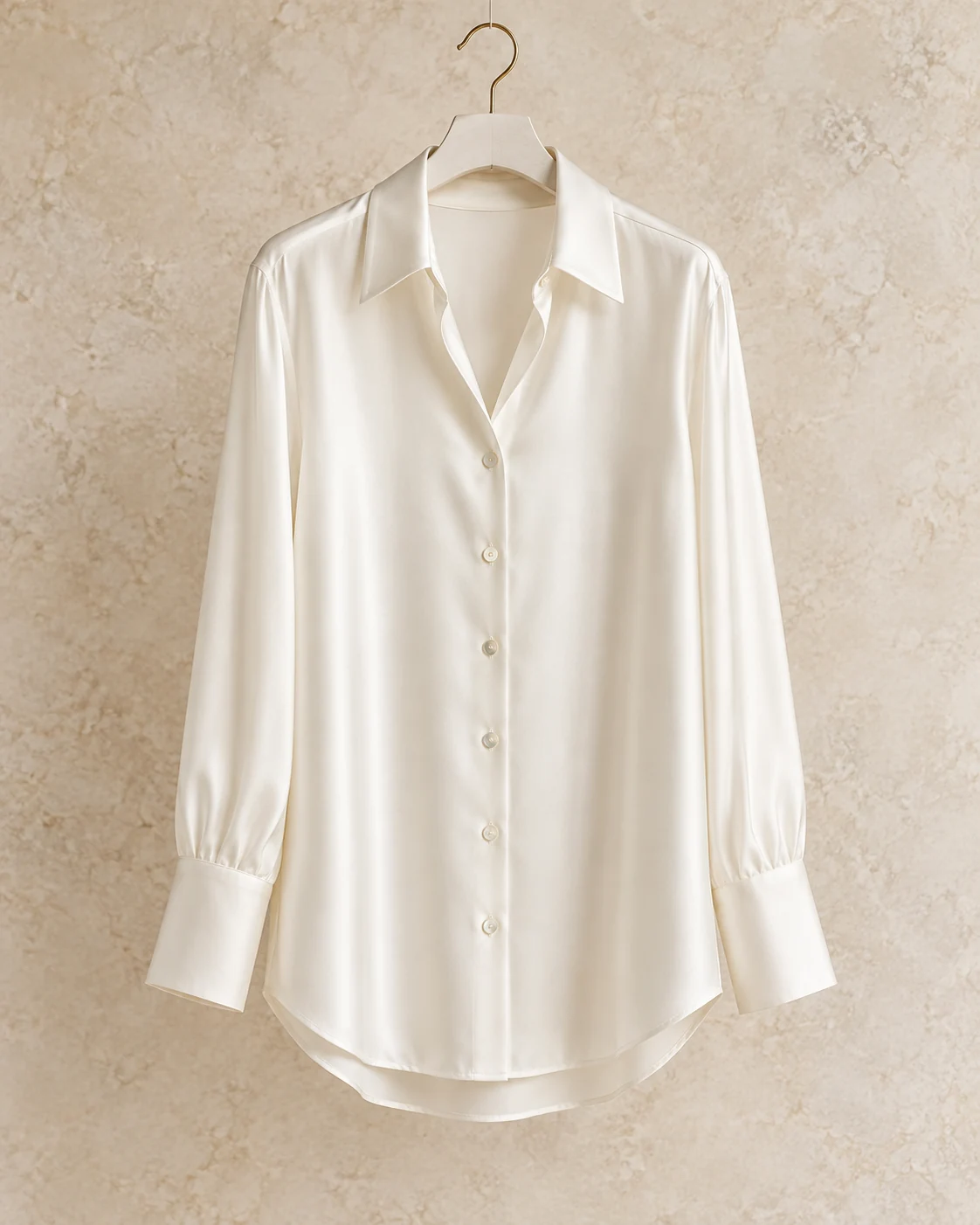 An ivory silk blouse with a soft collar and elongated cuffs