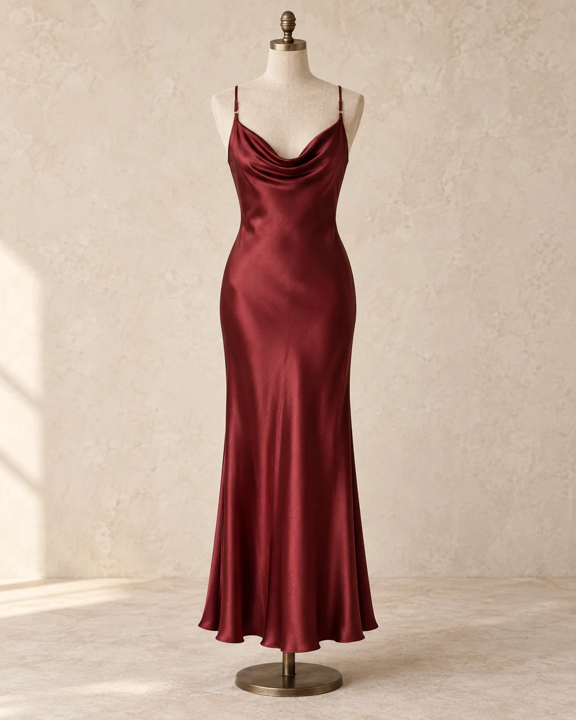 Full-length garnet silk cowl-neck slip dress