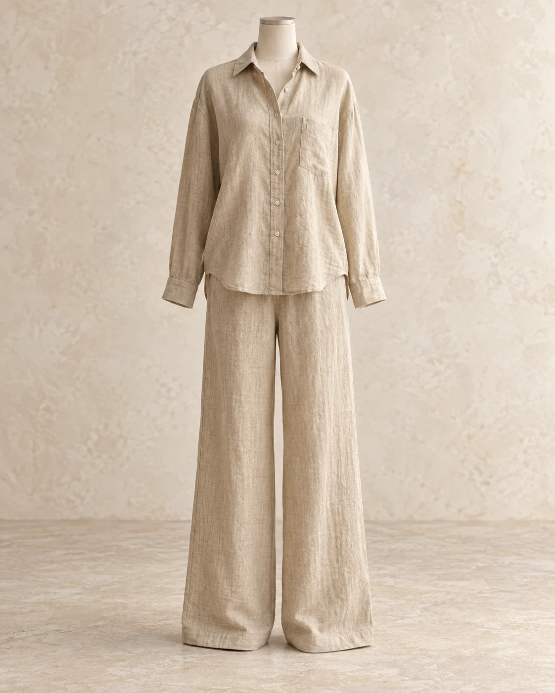 A complete sand linen shirt and wide-leg trouser set