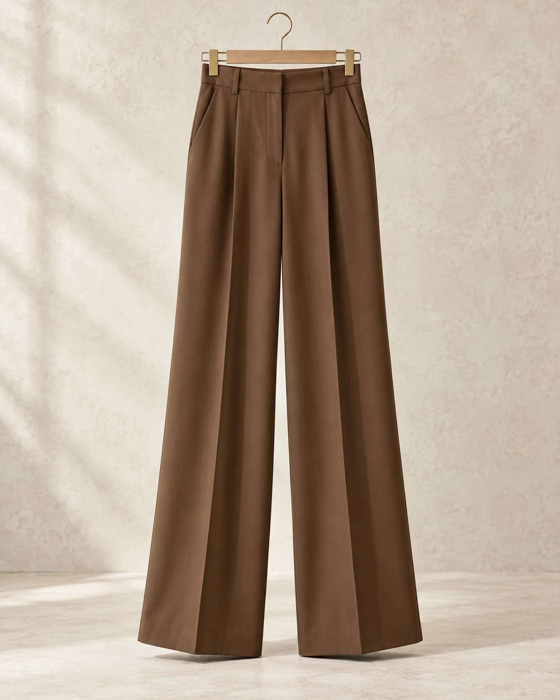 Tobacco linen wide-leg trousers with front pleats